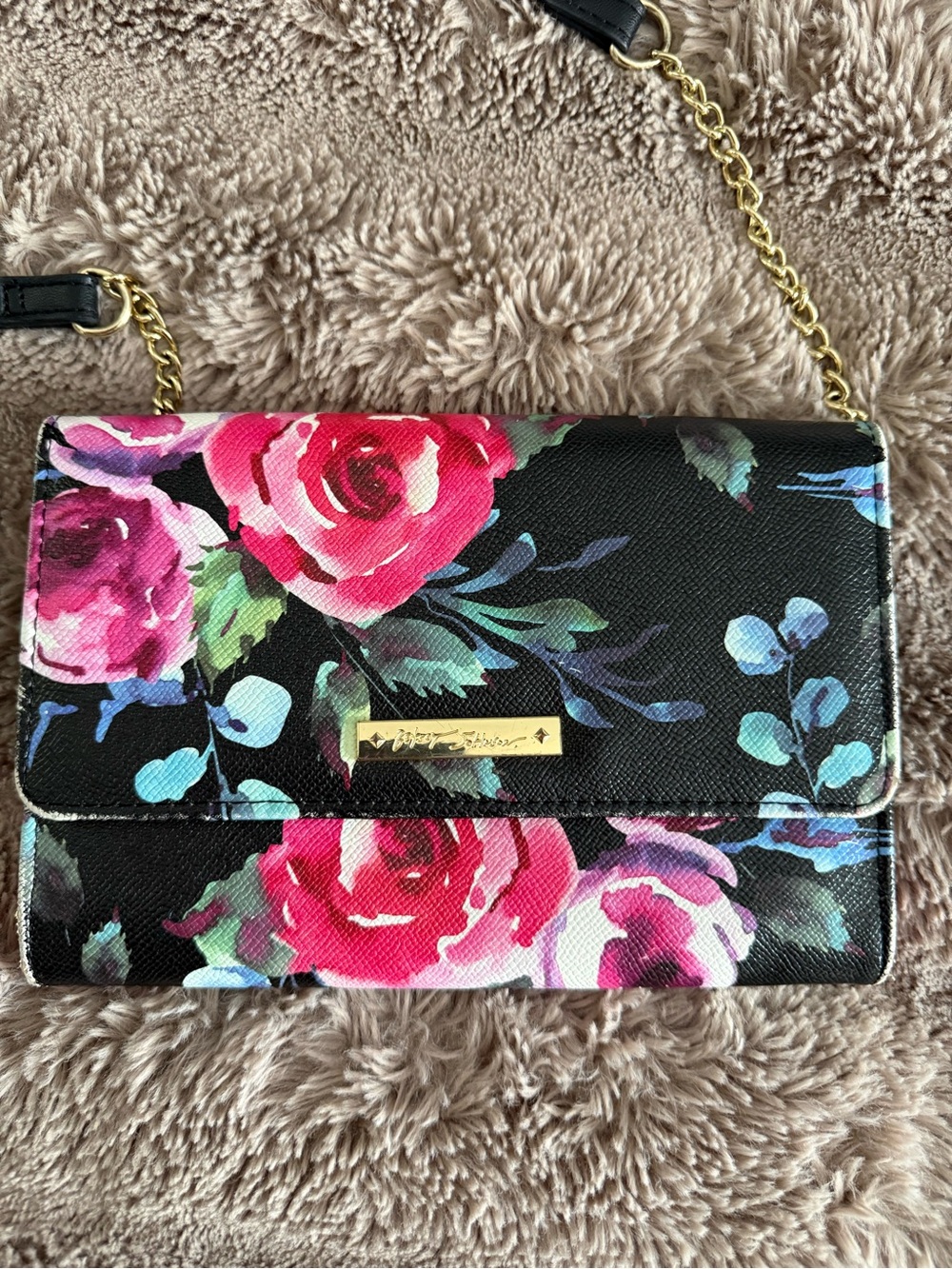 Betsey JohnsonBright Floral Crossbody Bag - Black with Pink Roses